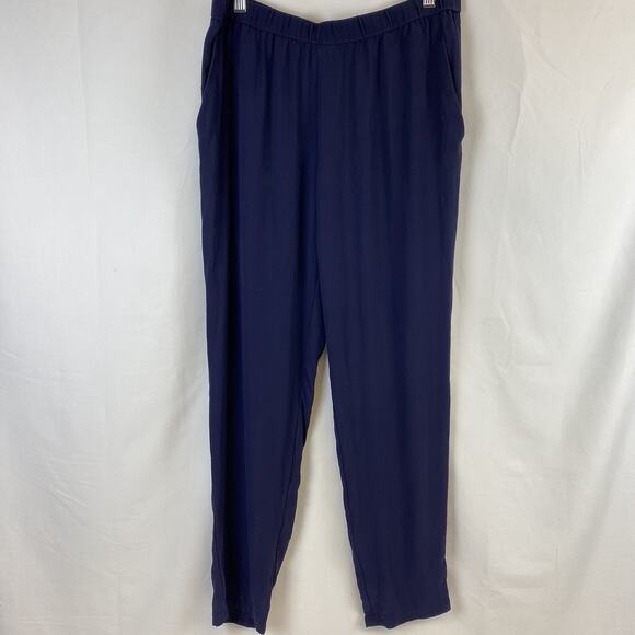 Eileen Fisher Pants Navy Blue Crepe Pull On Tapered Relaxed 100% Silk Size S/P - Picture 1 of 10